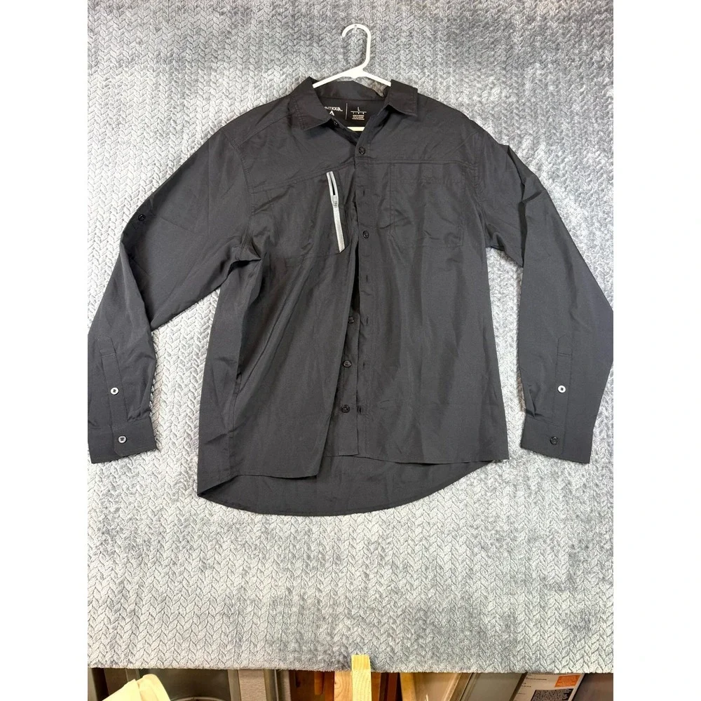 Antigua Camp Shirt Mens L Black Tactical Button Front Long Sleeve Chest Pockets